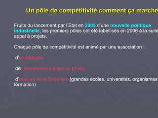 Un pôle de compétitivité comment ça marche ? Fruits du lancement par l’Etat en 2005 d’une nouvelle politique industrielle , les premiers pôles ont été labellisés en 2006 à la suite d’un appel à projets. Chaque pôle de compétitivité est animé par une association : d’ entreprises