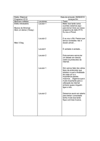 Rádio: Rãpincel Data de emissão: 29/09/2010
Programa: tf115 duraçao:5m
Musicas e efeitos: Locutores: Texto:
Efeito introdutório
Musica do Stromae
Alors on danse (10seg.)
Mais 5 Seg.
Locutor 1
Locutor 2
Locutor1
Locutor 2
Locutor 1
Locutor 2
Muito boa tarde caros
ouvintes estamos aqui
para tomar inicio ao nosso
programa de rádio tf115.
Eu sou o Pincel.
E eu sou o Rã. Parece que
temos novidades não é
doutor pincel…
É verdade é verdade…
Esta semana vamos ter
um debate em directo
sobre os protocolos da
internet.
Sim vamos falar dos vários
tipos de protocolos que
existem e qual a finalidade
de cada um e a
importância destes
mesmos… Digamos que é
muito importante para a
utilização da internet
embora quase ninguém
ligue a isto.
Deixamos assim em aberto
para deixar curiosidade
tenha muito boa tarde
fique com boa musica.