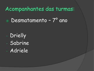 Acompanhantes das turmas:

   Desmatamento – 7° ano

- Drielly
- Sabrine
- Adriele
 