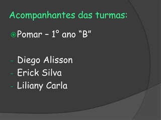 Acompanhantes das turmas:

 Pomar   – 1° ano “B”

- Diego Alisson
- Erick Silva
- Liliany Carla
 