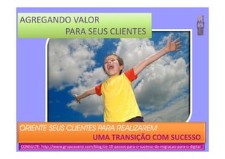 AGREGANDO VALOR
PARA SEUS CLIENTES
ORIENTE SEUS CLIENTES PARA REALIZAREMORIENTE SEUS CLIENTES PARA REALIZAREMORIENTE SEUS CLIENTES PARA REALIZAREMORIENTE SEUS CLIENTES PARA REALIZAREM
UMA TRANSIÇÃO COM SUCESSO
CONSULTE: http://www.grupoavanzi.com/blog/os-10-passos-para-o-sucesso-da-migracao-para-o-digital
 