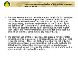The seed kernels are rich in crude protein, CP (31–34.5%) and lipid (55–58%). The neutral detergent fibre contents of extracted  J. curcas  meals were between 3.9% and 4.5 % of dry matter (DM). The gross energy of kernels ranged from 31.1 to 31.6 MJ/kg DM. The contents of starch and total soluble sugars were below 6 %. The levels of essential amino acids, except lysine, were higher than that of the FAO/WHO reference protein for a five year old child in all the meal samples on a dry matter basis.  The common use of this residue is as soil organic fertilizer after composting since it possesses a compound known as phorbol, that is toxic to animals. Thus, the R&D aims at studying not only the composting process of  J. curcas  residues but also to evaluate the detoxification potential of micro-organisms for production of mushroom and animal feed. So, the residue can be transformed in other products with high added value.  Incresing aggregated value of the residue  J. curcas   The oil expell 