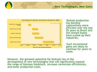 Biofuel production has become substantially more efficient over the last 25 years as Brazil and the United States have scaled up their industries. Such incremental gains are likely to continue for years to come.  New Technologies, New Gains However, the greatest potential for biofuels lies in the development of new technologies that will significantly expand the range of biomass feedstock, increase conversion efficiencies, and lower production costs. 