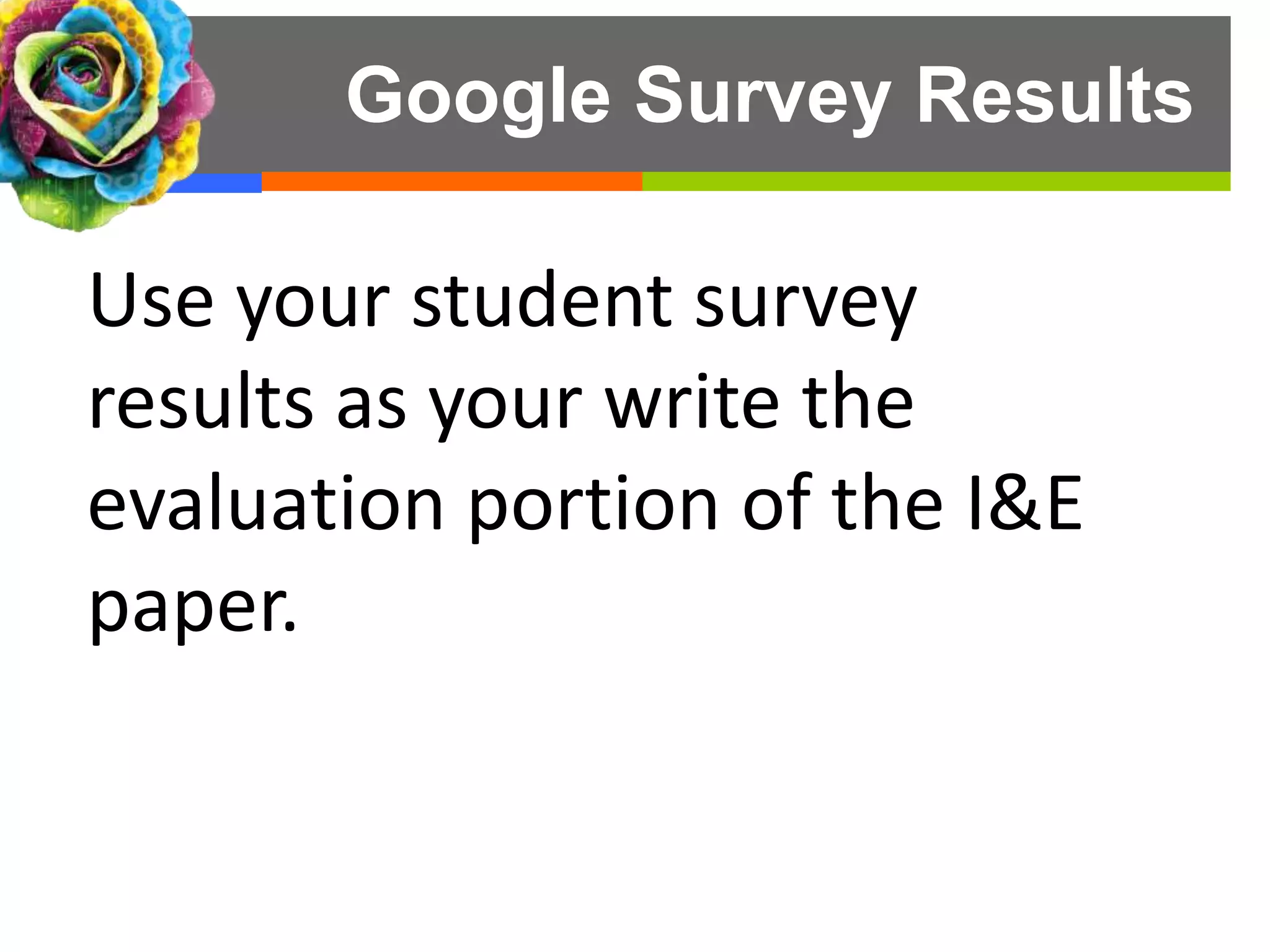 Google Survey Results
Use your student survey
results as your write the
evaluation portion of the I&E
paper.
 