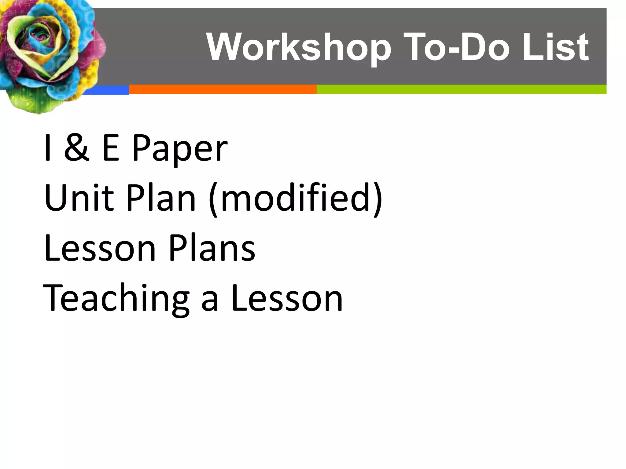 Workshop To-Do List
I & E Paper
Unit Plan (modified)
Lesson Plans
Teaching a Lesson
 