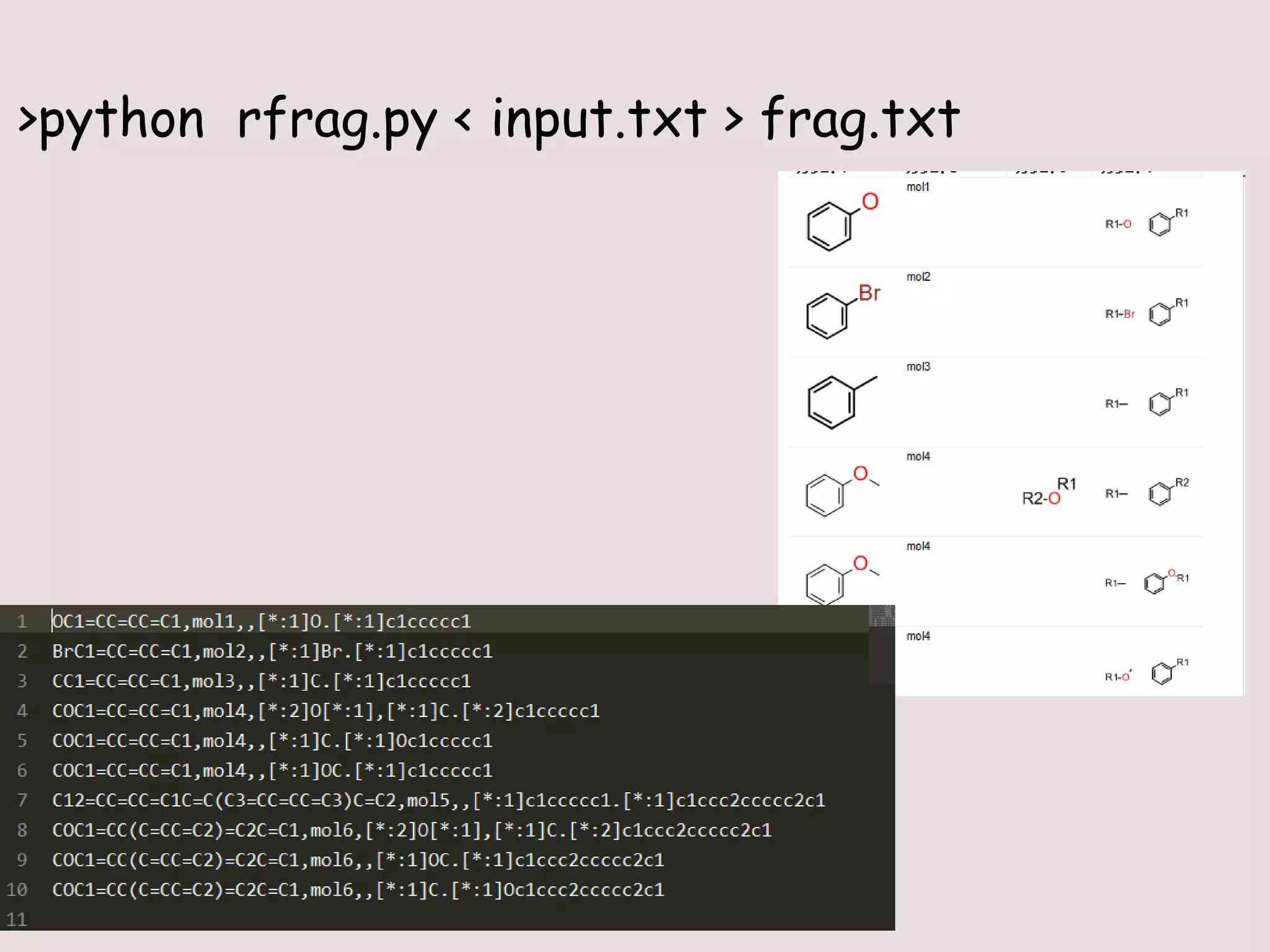 >python rfrag.py < input.txt > frag.txt
 