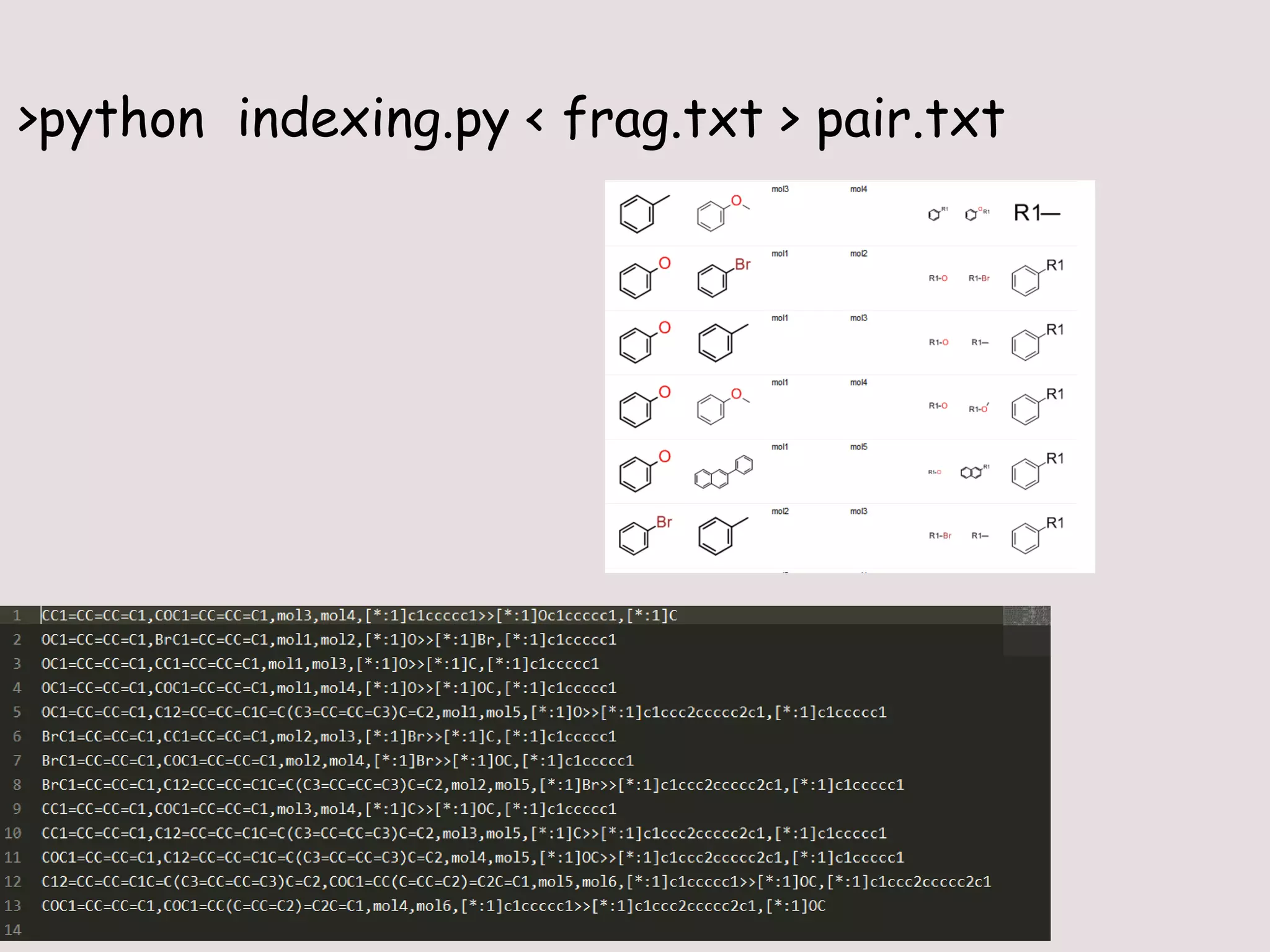 >python indexing.py < frag.txt > pair.txt
 