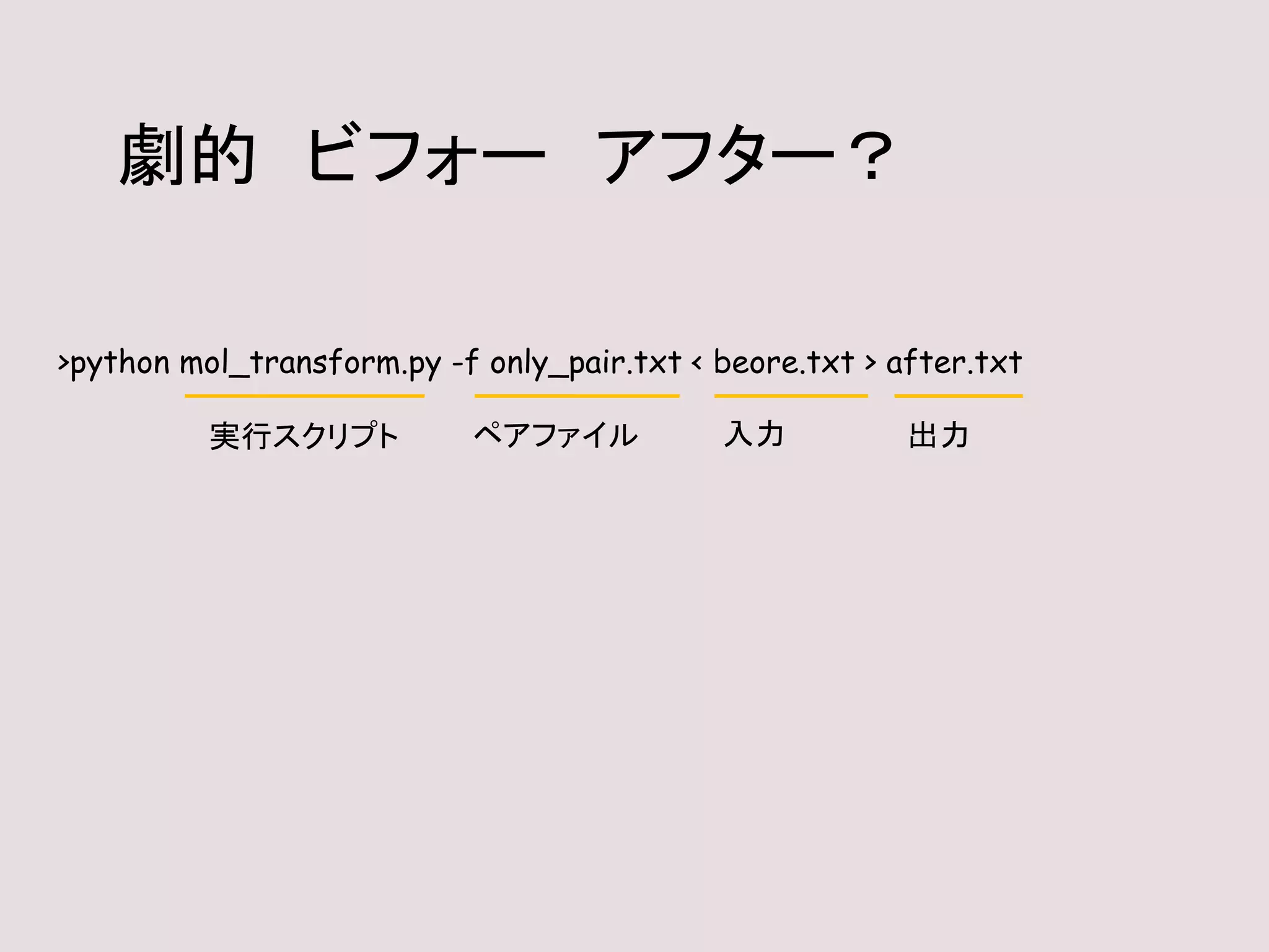 >python mol_transform.py -f only_pair.txt < beore.txt > after.txt
実行スクリプト ペアファイル 入力 出力
劇的 ビフォー アフター？
 