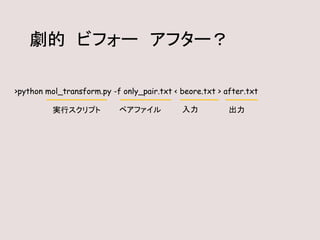 >python mol_transform.py -f only_pair.txt < beore.txt > after.txt
実行スクリプト ペアファイル 入力 出力
劇的 ビフォー アフター？
 