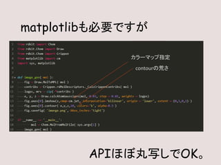 matplotlibも必要ですが
APIほぼ丸写しでOK。
カラーマップ指定
contourの荒さ
 