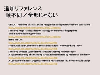 追加リファレンス
順不同／全部じゃない
USRCAT: real-time ultrafast shape recognition with pharmacophoric constraints
http://www.jcheminf.com/content/4/1/27/abstract
Similarity maps - a visualization strategy for molecular fingerprints
and machine-learning methods
http://www.jcheminf.com/content/5/1/43/abstract
hERG Me Out
http://pubs.acs.org/doi/abs/10.1021/ci400308z
Freely Available Conformer Generation Methods: How Good Are They?
http://pubs.acs.org/doi/abs/10.1021/ci2004658
Similarity Boosted Quantitative Structure–Activity Relationship—
A Systematic Study of Enhancing Structural Descriptors by Molecular Similarity
http://pubs.acs.org/doi/abs/10.1021/ci300182p
A Collection of Robust Organic Synthesis Reactions for In Silico Molecule Design
http://pubs.acs.org/doi/abs/10.1021/ci200379p
 