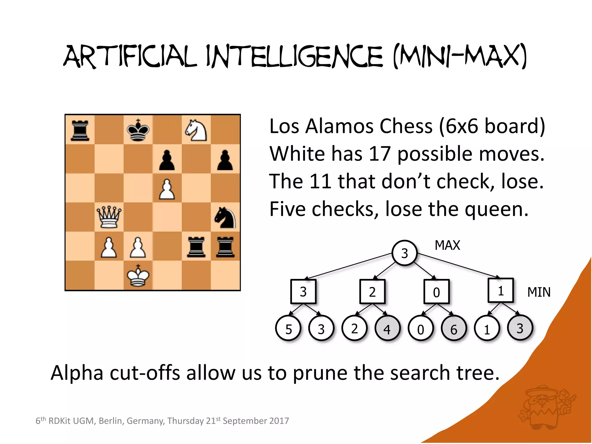 6th RDKit UGM, Berlin, Germany, Thursday 21st September 2017
Artificial intelligence (MINI-MAX)
Los Alamos Chess (6x6 board)
White has 17 possible moves.
The 11 that don’t check, lose.
Five checks, lose the queen.
MAX
MIN
5 3 2 4 0 6 1 3
3
3
2 0 1
Alpha cut-offs allow us to prune the search tree.
 