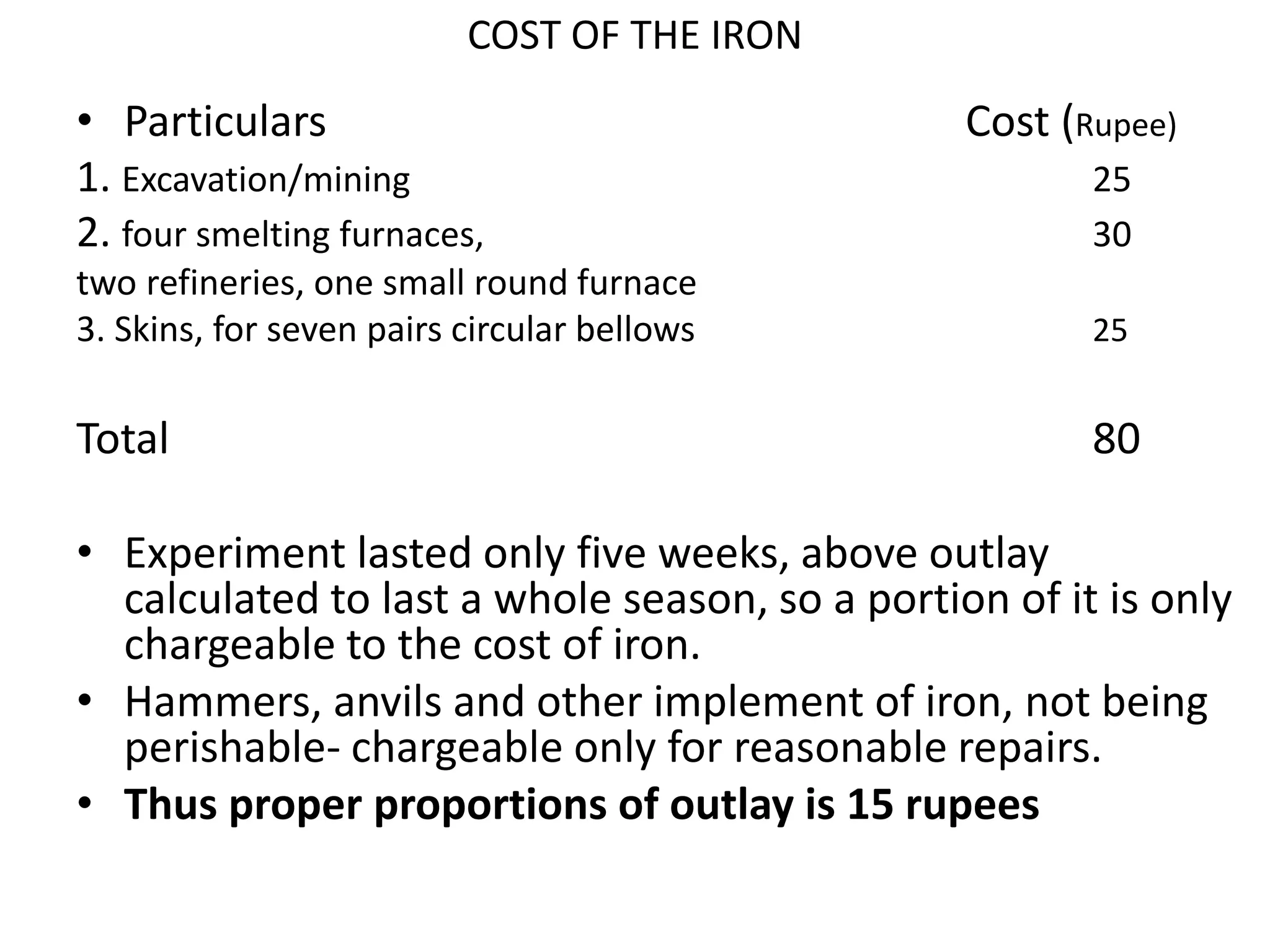 • Particulars Cost (Rupee)
1. Excavation/mining 25
2. four smelting furnaces, 30
two refineries, one small round furnace
3. Skins, for seven pairs circular bellows 25
Total 80
• Experiment lasted only five weeks, above outlay
calculated to last a whole season, so a portion of it is only
chargeable to the cost of iron.
• Hammers, anvils and other implement of iron, not being
perishable- chargeable only for reasonable repairs.
• Thus proper proportions of outlay is 15 rupees
COST OF THE IRON
 