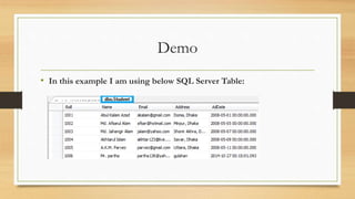 Demo
• In this example I am using below SQL Server Table:
 
