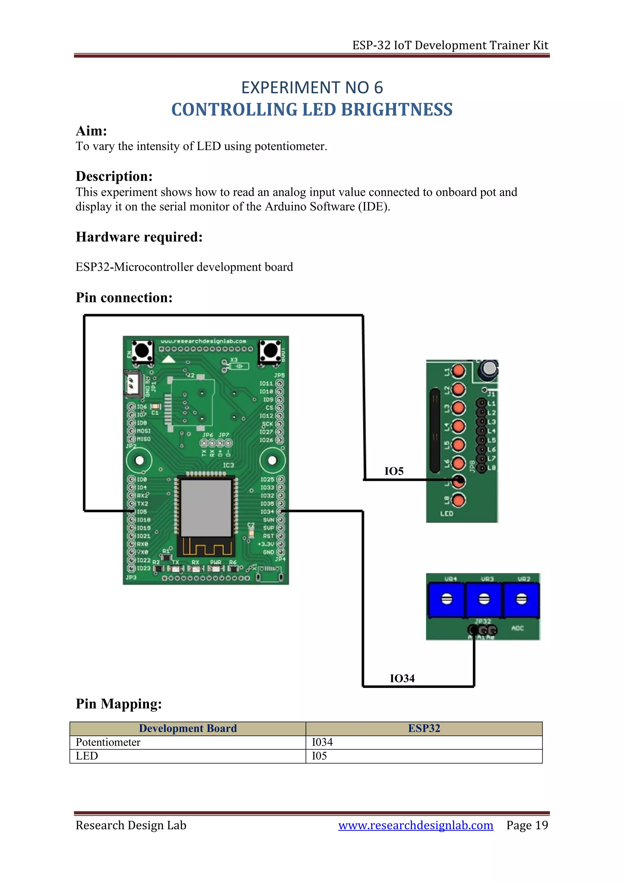 ESP-32 IoT Development Trainer Kit
Research Design Lab www.researchdesignlab.com Page 19
IO5
IO34
Aim:
EXPERIMENT NO 6
CONTROLLING LED BRIGHTNESS
To vary the intensity of LED using potentiometer.
Description:
This experiment shows how to read an analog input value connected to onboard pot and
display it on the serial monitor of the Arduino Software (IDE).
Hardware required:
ESP32-Microcontroller development board
Pin connection:
Pin Mapping:
Development Board ESP32
Potentiometer I034
LED I05
 
