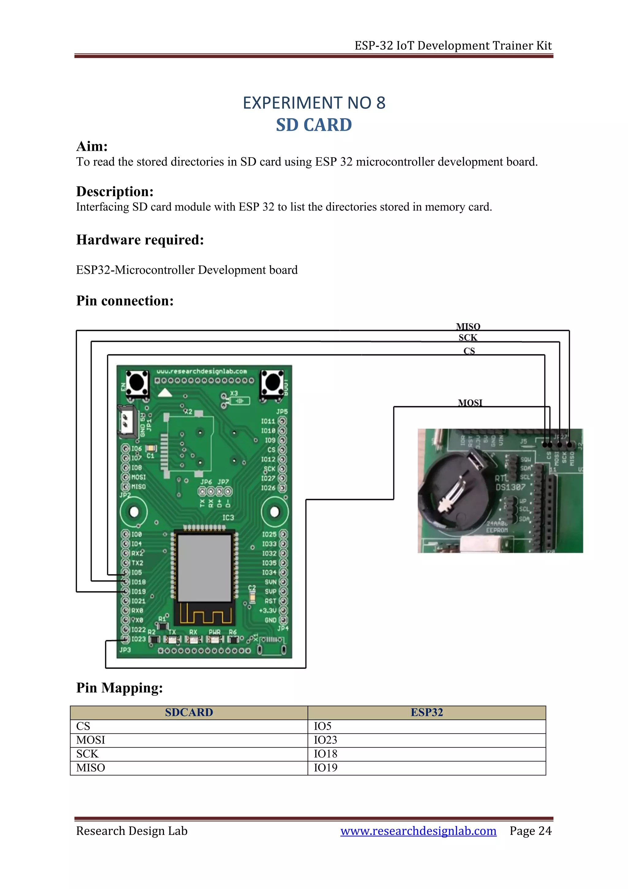 ESP-32 IoT Development Trainer Kit
Research Design Lab www.researchdesignlab.com Page 24
Aim:
EXPERIMENT NO 8
SD CARD
To read the stored directories in SD card using ESP 32 microcontroller development board.
Description:
Interfacing SD card module with ESP 32 to list the directories stored in memory card.
Hardware required:
ESP32-Microcontroller Development board
Pin connection:
Pin Mapping:
SDCARD ESP32
CS IO5
MOSI IO23
SCK IO18
MISO IO19
 