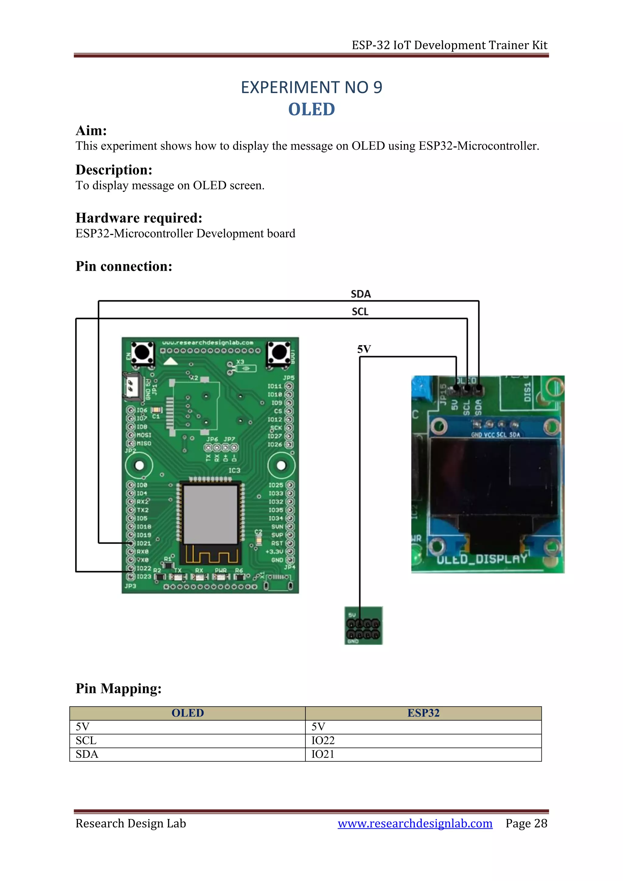 ESP-32 IoT Development Trainer Kit
Research Design Lab www.researchdesignlab.com Page 28
5V
Aim:
EXPERIMENT NO 9
OLED
This experiment shows how to display the message on OLED using ESP32-Microcontroller.
Description:
To display message on OLED screen.
Hardware required:
ESP32-Microcontroller Development board
Pin connection:
Pin Mapping:
OLED ESP32
5V 5V
SCL IO22
SDA IO21
 