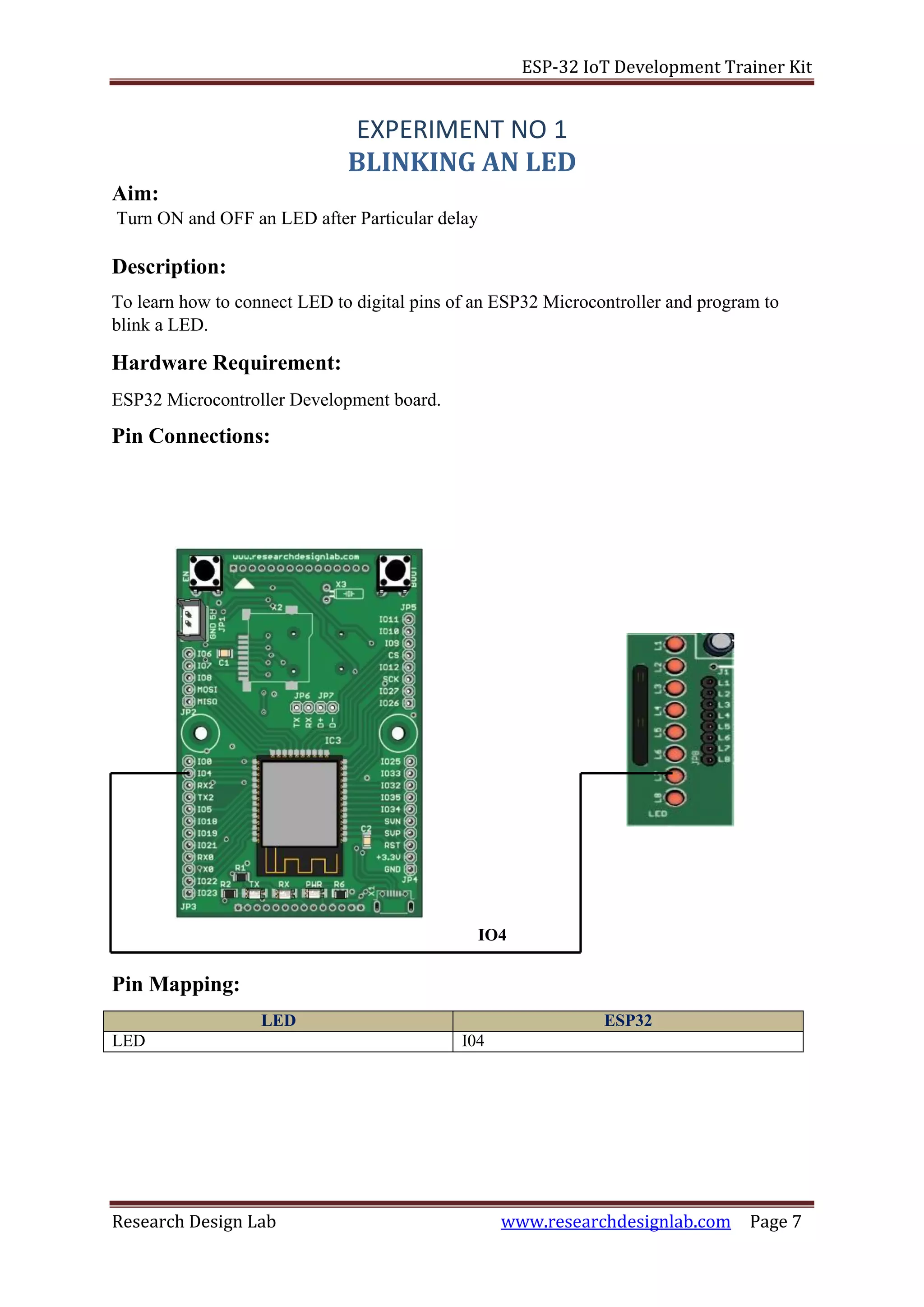 ESP-32 IoT Development Trainer Kit
Research Design Lab www.researchdesignlab.com Page 7
IO4
Aim:
EXPERIMENT NO 1
BLINKING AN LED
Turn ON and OFF an LED after Particular delay
Description:
To learn how to connect LED to digital pins of an ESP32 Microcontroller and program to
blink a LED.
Hardware Requirement:
ESP32 Microcontroller Development board.
Pin Connections:
Pin Mapping:
LED ESP32
LED I04
 
