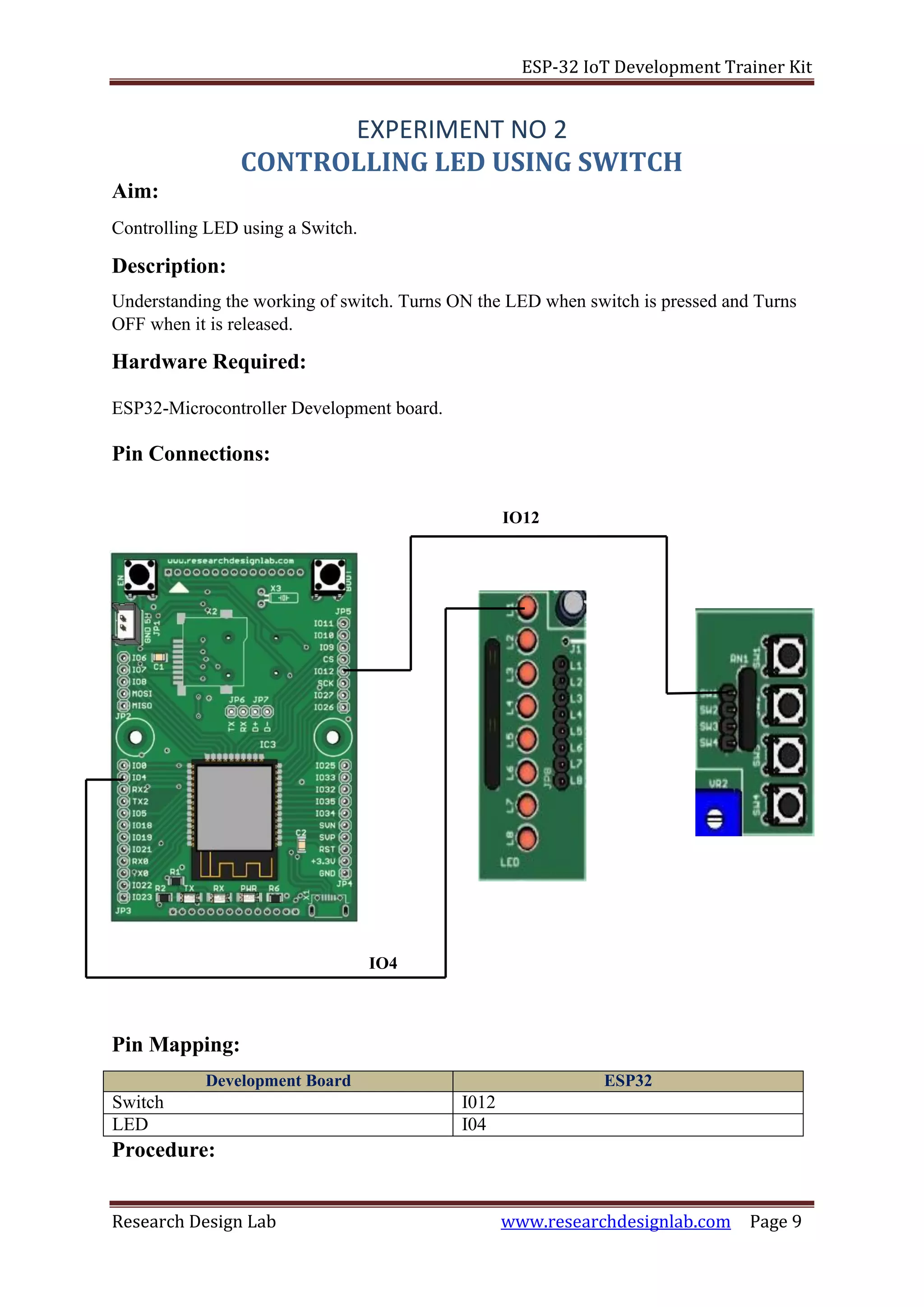 ESP-32 IoT Development Trainer Kit
Research Design Lab www.researchdesignlab.com Page 9
Aim:
EXPERIMENT NO 2
CONTROLLING LED USING SWITCH
Controlling LED using a Switch.
Description:
Understanding the working of switch. Turns ON the LED when switch is pressed and Turns
OFF when it is released.
Hardware Required:
ESP32-Microcontroller Development board.
Pin Connections:
IO12
Pin Mapping:
Development Board ESP32
Switch I012
LED I04
Procedure:
IO4
 
