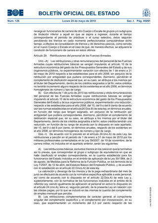 BOLETÍN OFICIAL DEL ESTADO
Núm. 126                            Lunes 24 de mayo de 2010                                 Sec. I. Pág. 45091


           recaiga en funcionarios de carrera de otro Cuerpo o Escala de grupos y/o subgrupos
           de titulación inferior a aquél en que se aspira a ingresar, durante el tiempo
           correspondiente al período de prácticas o el curso selectivo, éstos seguirán
           percibiendo los trienios en cada momento perfeccionados computándose dicho
           tiempo, a efectos de consolidación de trienios y de derechos pasivos, como servido
           en el nuevo Cuerpo o Escala en el caso de que, de manera efectiva, se adquiera la
           condición de funcionario de carrera en estos últimos.

           Artículo 29.   Retribuciones del personal de las Fuerzas Armadas.

                 Uno.–A) Las retribuciones y otras remuneraciones del personal de las Fuerzas
           Armadas cuyas retribuciones básicas se vengan imputando al artículo 10 de la
           estructura económica del gasto de los Presupuestos Generales del Estado y de sus
           organismos públicos, no experimentarán variación con efectos de 1 de enero a 31
           de mayo de 2010 respecto a las establecidas para el año 2008, sin perjuicio de la
           retribución por antigüedad que pudiera corresponderles. Asimismo, percibirán el
           complemento de dedicación especial que, en su caso, se atribuya a los mismos por
           el titular del Departamento, dentro de los créditos asignados a tal fin; estos créditos
           no tendrán incremento alguno respecto de los existentes en el año 2008, en términos
           homogéneos de número y tipo de cargo.
                 B) Con efectos de 1 de junio de 2010 las retribuciones y otras remuneraciones
           del personal de las Fuerzas Armadas cuyas retribuciones básicas se vengan
           imputando al artículo 10 de la estructura económica del gasto de los Presupuestos
           Generales del Estado y de sus organismos públicos, experimentarán una reducción,
           respecto a las establecidas para el año 2008, del 10, del 9 o del 8 ciento de acuerdo
           con las normas establecidas en el artículo26.Dos.B) de esta ley, en términos anuales,
           en función del rango que tengan asignado, sin perjuicio de la retribución por
           antigüedad que pudiera corresponderles. Asimismo, percibirán el complemento de
           dedicación especial que, en su caso, se atribuya a los mismos por el titular del
           Departamento, dentro de los créditos asignados a tal fin; estos créditos tendrán una
           reducción, en función de su rango de acuerdo con lo dispuesto en este apartado,
           del 10, del 9 o del 8 por ciento, en términos anuales, respecto de los existentes en
           el año 2008, en términos homogéneos de número y tipo de cargo.
                 Dos.–I) De acuerdo con lo previsto en el artículo 24.Uno.A) de esta Ley, las
           retribuciones a percibir en el periodo de 1 de enero a 31 de mayo de 2010 por los
           militares profesionales contemplados en la Ley 39/2007, de 19 de noviembre, de la
           carrera militar, no incluidos en el apartado anterior, serán las siguientes:

               A) Las retribuciones básicas, excluidos trienios en los casos en que la normativa
           así lo prevea, que correspondan al grupo o subgrupo de equivalencia en que se
           halle clasificado el empleo correspondiente, en la cuantía establecida para los
           funcionarios del Estado incluidos en el ámbito de aplicación de la Ley 30/1984, de 2
           de agosto, de Medidas para la Reforma de la Función Pública, en los términos de la
           Ley 7/2007, de 12 de abril, del Estatuto Básico del Empleado Público, y de acuerdo
           con lo establecido en el artículo 22.Cinco.A) de esta ley.
               La valoración y devengo de los trienios y de la paga extraordinaria del mes de
           junio se efectuará de acuerdo con la normativa específica aplicable a este personal,
           así como de acuerdo con lo dispuesto en el artículo 22.Dos.A) de esta Ley y,
           supletoriamente, con la normativa de los funcionarios incluidos en el ámbito de la
           referida Ley, siendo igualmente de aplicación al personal en activo lo dispuesto en
           el artículo 24.Uno.A), letra a), segundo párrafo, de la presente Ley en relación con
                                                                                                              cve: BOE-A-2010-8228




           las citadas pagas, por lo que se incluirá en las mismas la cuantía del complemento
           de empleo mensual que perciba.
               B) Las retribuciones complementarias de carácter general, el componente
           singular del complemento específico y el complemento por incorporación, en su
           caso, que experimentarán un incremento del 0,3 por ciento respecto de las
 