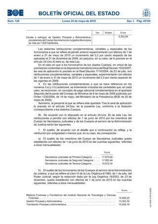 BOLETÍN OFICIAL DEL ESTADO
Núm. 126                                                     Lunes 24 de mayo de 2010                                                                Sec. I. Pág. 45102



                                                                                                            Tipo         Subtipo             Euros

           Escala a extinguir de Gestión Procesal y Administrativa,                                                                         5.353,56
             procedentes del Cuerpo Secretarios de Juzgados Municipios
             de más de 7.000 habitantes.

                          Las restantes retribuciones complementarias, variables y especiales de los
                     funcionarios a que se refiere el párrafo anterior experimentarán con efectos de 1 de
                     enero a 31 de mayo de 2010 un incremento del 0,3 por ciento respecto de las
                     aplicadas el 31 de diciembre de 2009, sin perjuicio, en su caso, de lo previsto en el
                     artículo 24.Uno.A) letra a), de esta Ley.
                          En el caso en que a los funcionarios de los citados Cuerpos, en virtud de las
                     previsiones contenidas en la disposición transitoria única del Real Decreto 1033/2007,
                     les sea de aplicación lo previsto en el Real Decreto 1714/2004, de 23 de julio, sus
                     retribuciones complementarias, variables y especiales, experimentarán con efectos
                     de 1 de enero a 31 de mayo de 2010 un incremento del 0,3 por ciento respecto de
                     las vigentes en 2009.
                          4. En las retribuciones complementarias a que se hace referencia en los
                     números 3.a) y 3.b) anteriores, se entenderán incluidas las cantidades que, en cada
                     caso, se reconocen, en concepto de paga adicional complementaria en el apartado
                     Segundo del Acuerdo del Consejo de Ministros de 8 de mayo de 2009 publicado por
                     Orden 1230/2009, de 18 de mayo, del Ministerio de la Presidencia (BOE de 20 de
                     mayo de 2009).
                          Asimismo, al personal al que se refiere este apartado Tres le será de aplicación
                     lo previsto en el artículo 24.Dos, de la presente Ley, conforme a la titulación
                     correspondiente a los distintos Cuerpos.

                          B) De acuerdo con lo dispuesto en el artículo 24.Uno, B) de esta Ley, las
                     retribuciones a percibir con efectos de 1 de junio de 2010 por los miembros del
                     Cuerpo de Secretarios Judiciales y de los Cuerpos al servicio de la Administración
                     de Justicia serán las siguientes:

                          1. El sueldo, de acuerdo con el detalle que a continuación se refleja, y la
                     retribución por antigüedad o trienios que, en su caso, les corresponda.

                         a) El sueldo de los miembros del Cuerpo de Secretarios Judiciales queda
                     establecido con efectos de 1 de junio de 2010 en las cuantías siguientes, referidas
                     a doce mensualidades:

                                                                                                                         Euros

                                     Secretarios Judiciales de Primera Categoría . . . . . . 17.973,60
                                     Secretarios Judiciales de Segunda Categoría . . . . . 17.083,44
                                     Secretarios Judiciales de Tercera Categoría . . . . . . 15.872,16

                         b) El sueldo de los funcionarios de los Cuerpos al servicio de la Administración
                     de Justicia, a que se refiere el Libro VI de la Ley Orgánica 6/1985, de 1 de julio, del
                     Poder Judicial, según la redacción dada por la Ley Orgánica 19/2003, de 23 de
                     diciembre, queda establecido con efectos de 1 de junio de 2010 en las cuantías
                     siguientes, referidas a doce mensualidades:
                                                                                                                                                                      cve: BOE-A-2010-8228




                                                                                                                                              Euros

           Médicos Forenses y Facultativos del Instituto Nacional de Toxicología y Ciencias
             Forenses . . . . . . . . . . . . . . . . . . . . . . . . . . . . . . . . . . . . . . . . . . . . . . . . . . . . . . . . . .   15.406,20
           Gestión Procesal y Administrativa . . . . . . . . . . . . . . . . . . . . . . . . . . . . . . . . . . . . . . . .                13.303,32
           Tramitación Procesal y Administrativa . . . . . . . . . . . . . . . . . . . . . . . . . . . . . . . . . . . . .                  10.934,16
 