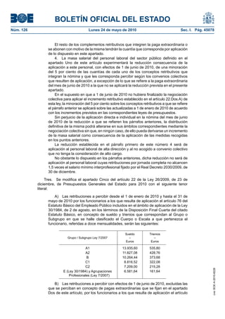 BOLETÍN OFICIAL DEL ESTADO
Núm. 126                                  Lunes 24 de mayo de 2010                                   Sec. I. Pág. 45078


                    El resto de los complementos retributivos que integren la paga extraordinaria o
                se abonen con motivo de la misma tendrán la cuantía que corresponda por aplicación
                de lo dispuesto en este apartado.
                    4. La masa salarial del personal laboral del sector público definido en el
                apartado Uno de este artículo experimentará la reducción consecuencia de la
                aplicación a este personal, con efectos de 1 de junio de 2010, de una minoración
                del 5 por ciento de las cuantías de cada uno de los conceptos retributivos que
                integran la nómina y que les corresponda percibir según los convenios colectivos
                que resulten de aplicación, a excepción de lo que se refiere a la paga extraordinaria
                del mes de junio de 2010 a la que no se aplicará la reducción prevista en el presente
                apartado.
                    En el supuesto en que a 1 de junio de 2010 no hubiera finalizado la negociación
                colectiva para aplicar el incremento retributivo establecido en el artículo 22.Dos.A) de
                esta ley, la minoración del 5 por ciento sobre los conceptos retributivos a que se refiere
                el párrafo anterior se aplicará sobre las actualizadas a 1 de enero de 2010 de acuerdo
                con los incrementos previstos en las correspondientes leyes de presupuestos.
                    Sin perjuicio de la aplicación directa e individual en la nómina del mes de junio
                de 2010 de la reducción a que se refieren los párrafos anteriores, la distribución
                definitiva de la misma podrá alterarse en sus ámbitos correspondientes mediante la
                negociación colectiva sin que, en ningún caso, de ello pueda derivarse un incremento
                de la masa salarial como consecuencia de la aplicación de las medidas recogidas
                en los puntos anteriores.
                    La reducción establecida en el párrafo primero de este número 4 será de
                aplicación al personal laboral de alta dirección y al no acogido a convenio colectivo
                que no tenga la consideración de alto cargo.
                    No obstante lo dispuesto en los párrafos anteriores, dicha reducción no será de
                aplicación al personal laboral cuyas retribuciones por jornada completa no alcancen
                1,5 veces el salario mínimo interprofesional fijado por el Real Decreto 2030/2009, de
                30 de diciembre.

                Tres. Se modifica el apartado Cinco del artículo 22 de la Ley 26/2009, de 23 de
           diciembre, de Presupuestos Generales del Estado para 2010 con el siguiente tenor
           literal:

                    A) Las retribuciones a percibir desde el 1 de enero de 2010 y hasta el 31 de
                mayo de 2010 por los funcionarios a los que resulta de aplicación el artículo 76 del
                Estatuto Básico del Empleado Público incluidos en el ámbito de aplicación de la Ley
                30/1984, de 2 de agosto, en los términos de la Disposición Final Cuarta del citado
                Estatuto Básico, en concepto de sueldo y trienios que correspondan al Grupo o
                Subgrupo en que se halle clasificado el Cuerpo o Escala a que pertenezca el
                funcionario, referidas a doce mensualidades, serán las siguientes:

                                                                 Sueldo          Trienios
                            Grupo / Subgrupo Ley 7/2007            –                 –
                                                                 Euros            Euros

                                        A1                     13.935,60         535,80
                                        A2                     11.827,08         428,76
                                        B                      10.264,44         373,68
                                       C1                       8.816,52         322,08
                                       C2                       7.209,00         215,28
                                                                                                                      cve: BOE-A-2010-8228




                         E (Ley 30/1984) y Agrupaciones         6.581,64         161,64
                             Profesionales (Ley 7/2007)

                   B) Las retribuciones a percibir con efectos de 1 de junio de 2010, excluidas las
                que se perciban en concepto de pagas extraordinarias que se fijan en el apartado
                Dos de este artículo, por los funcionarios a los que resulta de aplicación el artículo
 