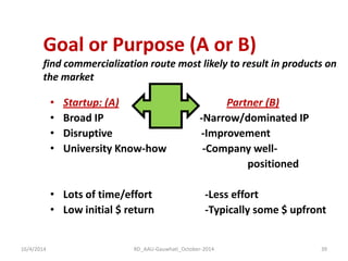 Goal or Purpose (A or B) find commercialization route most likely to result in products on the market 
•Startup: (A) Partner (B) 
•Broad IP -Narrow/dominated IP 
•Disruptive -Improvement 
•University Know-how -Company well- 
positioned 
•Lots of time/effort -Less effort 
•Low initial $ return -Typically some $ upfront 
16/4/2014 
39 
RD_AAU-Gauwhati_October-2014  