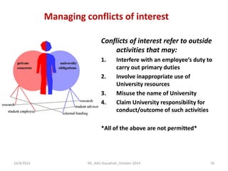 Managing conflicts of interest 
Conflicts of interest refer to outside activities that may: 
1.Interfere with an employee’s duty to carry out primary duties 
2.Involve inappropriate use of University resources 
3.Misuse the name of University 
4.Claim University responsibility for conduct/outcome of such activities 
*All of the above are not permitted* 
16/4/2014 
76 
RD_AAU-Gauwhati_October-2014  