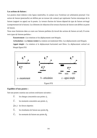 106
Les actions de liaison :
Les poutres étant réduites à des lignes matérielles, le contact avec l'extérieur est schématisé ponctuel. Une
action de liaison (ponctuelle) est définie par un torseur (de contact) qui représente l'action mécanique de la
liaison (support ou appui) sur la poutre. Le torseur d'action de liaison dépend du type de liaison envisagé
(comportement de la liaison). Les éléments de réduction d'un torseur d'actions de liaison sont définis au point
de liaison.
Nous nous limiterons dans ce cours aux liaisons parfaites (le travail des actions de liaison est nul). Il existe
trois types de liaisons parfaites :
Encastrement : Les rotations et les déplacements sont bloqués.
Articulation : (ou liaison rotule) La rotation est totalement libre. Les déplacements sont bloqués.
Appui simple : La rotation et le déplacement horizontal sont libres. Le déplacement vertical est
bloqué.figure.87d
a - encastrement b - articulation c - appui simple
k
i
j
k
i
j
k
i
j
Figure.87d
Equilibre d'une poutre :
Soit une poutre soumise aux actions extérieures suivantes :
i
F les charges concentrées aux points Ai
i
C les moments concentrés aux points Ai
)
x
(
p i les forces réparties
k
F les résultantes de liaison aux points Bk
k
C les moments de liaison aux points Bk
 