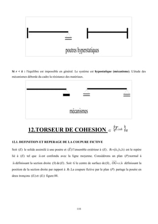 110
poutreshyperstatiques
Si r < k : l'équilibre est impossible en général. Le système est hypostatique (mécanisme). L'étude des
mécanismes déborde du cadre la résistance des matériaux.
mécanismes
12.TORSEUR DE COHESION  R
coh
G T
12.1. DEFINITION ET REPERAGE DE LA COUPURE FICTIVE
Soit )
(E le solide assimilé à une poutre et )
(E l’ensemble extérieur à )
(E . )
,
,
( 0
0
0
0 z
y
x
R



 est le repère
lié à )
(E tel que 0
x

est confondu avec la ligne moyenne. Considérons un plan )
(P normal à
0
x

définissant la section droite )
(S de )
(E . Soit G le centre de surface de )
(S , 0
.x
x
OG

 définissant la
position de la section droite par rapport à 0
R .La coupure fictive par le plan )
(P partage la poutre en
deux tronçons )
( 1
E et )
( 2
E figure.88.
 