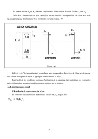 128
La section d'acier As ou A's est donc "équivalente" à une section de béton fictif nAs ou nA's.
Suite à ce raisonnement on peut considérer une section dite "homogénéisée" de béton seul avec
les diagrammes de déformations et de contraintes suivants: figure.100
Déformations
As
n
bo
SECTION HOMOGENEISE
h d
A's
n

d'
sc
bc

st
st / n
Contraintes
/ n
sc
bc
Figure.100
Grâce à cette "homogénéisation" nous allons pouvoir considérer la section de béton armé comme
une section homogène de béton et appliquer les résultats de la RDM.
Pour les ELS, les conditions normales d'utilisation de la structure étant satisfaites, les contraintes
et les déformations seront celles effectivement atteintes par la structure.
13.2. Contraintes de calcul
1/ Etat limite de compression du béton
La contrainte de compression du béton est limitée à 0,6fcj. Figure.101
cj
bc f
6
,
0


 