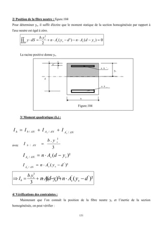 131
2/ Position de la fibre neutre : figure.104
Pour déterminer ys, il suffit d'écrire que le moment statique de la section homogénéisée par rapport à
l'axe neutre est égal à zéro.
0
)
(
)
'
(
2
. '
2









 s
s
s
s
s
Sh
y
d
A
n
d
y
A
n
y
b
dS
y
La racine positive donne ys.
Figure.104
3/ Moment quadratique (Ih) :
AN
A
AN
A
AN
b
h s
s
I
I
I
I /
/
/ '



avec
3
. 3
/
s
AN
b
y
b
I 
)²
(
/ s
s
AN
A y
d
A
n
I s



)²
( '
'
/
' d
y
A
n
I s
s
AN
As






3
. 3
s
h
y
b
I 

 )²
( s
s y
d
A
n )²
( '
'
d
y
A
n s
s 

4/ Vérifications des contraintes :
Maintenant que l’on connaît la position de la fibre neutre ys et l’inertie de la section
homogénéisée, on peut vérifier :
n A ’ s
n A s
d
d '
b
y 1
ys
 