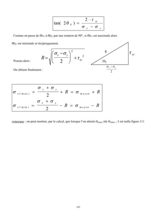 141
y
x
xy
P







2
)
2
tan(
Comme on passe de x1 à y1 par une rotation de 90°, si x1 est maximale alors
y1 est minimale et réciproquement.
Posons alors :
R
x y
xy







 
 

2
2
2
On obtient finalement :

 


 

x i
x y
m o ye n
x i
x y
m o y e n
R R
R R
1
1
2
2
m a x
m in


  


  
remarque : on peut montrer, par le calcul, que lorsque l’on atteint maxi ou mini ,  est nulle.figure.111
R xy
 
x y

2
2p
 