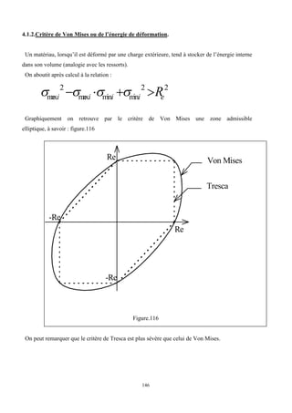 146
4.1.2.Critère de Von Mises ou de l’énergie de déformation.
Un matériau, lorsqu’il est déformé par une charge extérieure, tend à stocker de l’énergie interne
dans son volume (analogie avec les ressorts).
On aboutit après calcul à la relation :
   
m
ax m
ax m
in m
in
i i i i e
R
2 2 2
   
Graphiquement on retrouve par le critère de Von Mises une zone admissible
elliptique, à savoir : figure.116
Re
Re
-Re
-Re
Von Mises
Tresca
Figure.116
On peut remarquer que le critère de Tresca est plus sévère que celui de Von Mises.
 