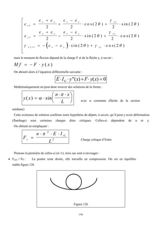 156
 

   




   



     
x
x y x y x y
y
x y x y x y
x y x y x y
1
1
1 1
2 2
2
2
2
2 2
2
2
2
2 2




  




  
     









c o s ( ) s in ( )
s in ( ) c o s ( )
s in ( ) c o s ( )
mais le moment de flexion dépend de la charge F et de la flèche y, à savoir :
M f F y x
   ( )
On aboutit alors à l’équation différentielle suivante :
E I y x F y x
G
     
( ) ( ) 0
Mathématiquement on peut donc trouver des solutions de la forme :
y x
n x
L
( ) sin
 
 








avec  constante (flèche de la section
médiane)
Cette existence de solution confirme notre hypothèse de départ, à savoir, qu’il peut y avoir déformation
(flambage) sous certaines charges dites critiques. Celles-ci dépendent de n et y.
On obtient en remplaçant :
F
n E I
L
c
G

  
 2
2 Charge critique d’Euler
Prenons la première de celles-ci (n=1), trois cas sont à envisager :
 Fréel < Fc : La poutre reste droite, elle travaille en compression. On est en équilibre
stable.figure.126
Figure.126
 