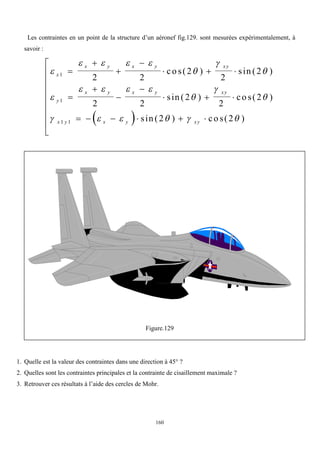 160
Les contraintes en un point de la structure d’un aéronef fig.129. sont mesurées expérimentalement, à
savoir :
 

   




   



     
x
x y x y xy
y
x y x y xy
x y x y xy
1
1
1 1
2 2
2
2
2
2 2
2
2
2
2 2




  




  
     









co s( ) sin ( )
sin ( ) co s( )
sin ( ) co s( )
Figure.129
1. Quelle est la valeur des contraintes dans une direction à 45° ?
2. Quelles sont les contraintes principales et la contrainte de cisaillement maximale ?
3. Retrouver ces résultats à l’aide des cercles de Mohr.
 
