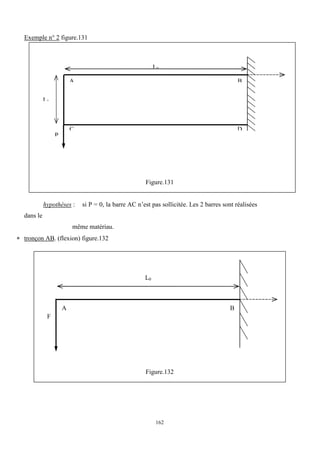 162
Exemple n° 2 figure.131
Figure.131
hypothèses : si P = 0, la barre AC n’est pas sollicitée. Les 2 barres sont réalisées
dans le
même matériau.
 tronçon AB. (flexion) figure.132
Figure.132
B
L0
P
A
D
C
L1
B
L0
F
A
 