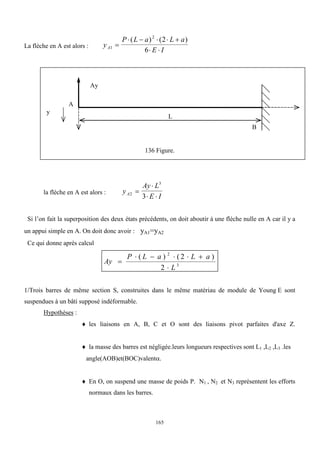 165
La flèche en A est alors : y
P L a L a
E I
A1
2
2
6

    
 
( ) ( )
136 Figure.
la flèche en A est alors : y
Ay L
E I
A2
3
3


 
Si l’on fait la superposition des deux états précédents, on doit aboutir à une flèche nulle en A car il y a
un appui simple en A. On doit donc avoir : yA1=yA2
Ce qui donne après calcul
3
2
2
)
2
(
)
(
L
a
L
a
L
P
Ay







1/Trois barres de même section S, construites dans le même matériau de module de Young E sont
suspendues à un bâti supposé indéformable.
Hypothèses :
 les liaisons en A, B, C et O sont des liaisons pivot parfaites d'axe Z.
 la masse des barres est négligée.leurs longueurs respectives sont L1 ,L2 ,L3 .les
angle(AOB)et(BOC)valent.
 En O, on suspend une masse de poids P. N1 , N2 et N3 représentent les efforts
normaux dans les barres.
y
B
L
Ay
A
 
