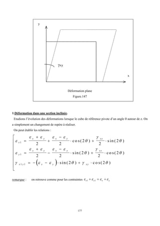 177
Déformation plane
Figure.147
1.Déformation dans une section inclinée.
Etudions l’évolution des déformations lorsque le cube de référence pivote d’un angle  autour de z. On
a simplement un changement de repère à réaliser.
On peut établir les relations :
 

   




   



     
x
x y x y x y
y
x y x y x y
x y x y x y
1
1
1 1
2 2
2
2
2
2 2
2
2
2
2 2




  




  
     









c o s ( ) s in ( )
s in ( ) c o s ( )
s in ( ) c o s ( )
remarque : on retrouve comme pour les contraintes    
x y x y
1 1
  
y
x
xy
 