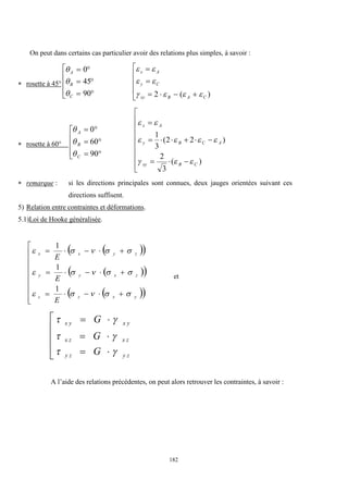 182
On peut dans certains cas particulier avoir des relations plus simples, à savoir :
 rosette à 45°



A
B
C
 
 
 





0
45
90 










)
(
2 C
A
B
xy
C
y
A
x








 rosette à 60°











90
60
0
C
B
A






















)
(
3
2
)
2
2
(
3
1
C
B
xy
A
C
B
y
A
x









 remarque : si les directions principales sont connues, deux jauges orientées suivant ces
directions suffisent.
5) Relation entre contraintes et déformations.
5.1)Loi de Hooke généralisée.
 
 
 
 
 
 
























y
x
z
z
z
x
y
y
z
y
x
x
E
E
E















1
1
1
et
 
 
 
x y x y
x z x z
y z y z
G
G
G
 
 
 





A l’aide des relations précédentes, on peut alors retrouver les contraintes, à savoir :
 