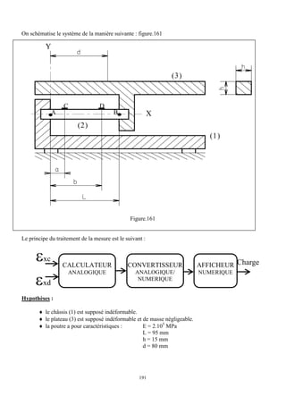 191
On schématise le système de la manière suivante : figure.161
Y
X
A B
C D
(3)
(2)
(1)
Figure.161
Le principe du traitement de la mesure est le suivant :
Hypothèses :
 le châssis (1) est supposé indéformable.
 le plateau (3) est supposé indéformable et de masse négligeable.
 la poutre a pour caractéristiques : E = 2.105
MPa
L = 95 mm
h = 15 mm
d = 80 mm
CALCULATEUR
ANALOGIQUE
CONVERTISSEUR
ANALOGIQUE/
NUMERIQUE
AFFICHEUR
NUMERIQUE
xc
xd
Charge
 