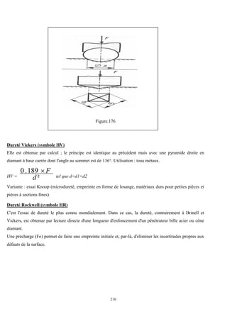 210
Figure.176
Dureté Vickers (symbole HV)
Elle est obtenue par calcul ; le principe est identique au précédent mais avec une pyramide droite en
diamant à base carrée dont l'angle au sommet est de 136°. Utilisation : tous métaux.
HV = ²
189
.
0
d
F

tel que d=d1+d2
Variante : essai Knoop (microdureté, empreinte en forme de losange, matériaux durs pour petites pièces et
pièces à sections fines).
Dureté Rockwell (symbole HR)
C'est l'essai de dureté le plus connu mondialement. Dans ce cas, la dureté, contrairement à Brinell et
Vickers, est obtenue par lecture directe d'une longueur d'enfoncement d'un pénétrateur bille acier ou cône
diamant.
Une précharge (Fo) permet de faire une empreinte initiale et, par-là, d'éliminer les incertitudes propres aux
défauts de la surface.
 