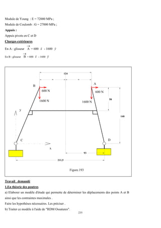 235
Module de Young : E = 72000 MPa ;
Module de Coulomb : G = 27000 MPa ;
Appuis :
Appuis pivots en C et D
Charges extérieures
En A : glisseur A

= 600

x - 1600

y
En B : glisseur B

= 600

x - 1600

y
93
211,5
140
58
= =
124
A
B
C D
1600 N
600 N 600 N
1600 N
x
y
Figure.193
Travail demandé
1.En théorie des poutres
a) Elaborer un modèle d'étude qui permette de déterminer les déplacements des points A et B
ainsi que les contraintes maximales .
Faire les hypothèses nécessaires. Les préciser .
b) Traiter ce modèle à l'aide de "RDM Ossatures".
 