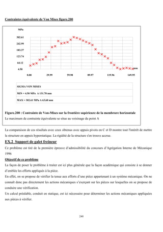 240
Contraintes équivalente de Von Mises figure.200
SIGMA VON MISES
MIN = 4.50 MPa A 131.78 mm
MAX = 302.61 MPa A 63.60 mm
MPa
mm
0.00 29.99 59.98 89.97 119.96 149.95
4.50
64.12
123.74
183.37
242.99
302.61
Figure.200 : Contrainte de Von-Mises sur la frontière supérieure de la membrure horizontale
Le maximum de contrainte équivalente se situe au voisinage du point A
La comparaison de ces résultats avec ceux obtenus avec appuis pivots en C et D montre tout l'intérêt de mettre
la structure en appuis hyperstatique. La rigidité de la structure s'en trouve accrue.
EX.2 Support de galet freineur
Ce problème est tiré de la première épreuve d’admissibilité du concours d’Agrégation Interne de Mécanique
1996
Objectif de ce problème
La façon de poser le problème à traiter est ici plus générale que la façon académique qui consiste à se donner
d’emblée les efforts appliqués à la pièce.
En effet, on se propose de vérifier la tenue aux efforts d’une pièce appartenant à un système mécanique. On ne
connaît donc pas directement les actions mécaniques s’exerçant sur les pièces sur lesquelles on se propose de
conduire une vérification.
Un calcul préalable, conduit en statique, est ici nécessaire pour déterminer les actions mécaniques appliquées
aux pièces à vérifier.
 