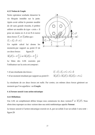 27
4.3.3 Notion de Couple
Notre opérateur souhaite desserrer la
vis bloquée installée sur la jante.
Après avoir utilisé le premier modèle
de clé sans grande réussite, il préfère
utiliser un modèle de type « croix ». Il
pose ses mains en A et en B et exerce
deux forces FA et FB telles que :
FA  FB  F  F.z
Un rapide calcul lui donne les
moments par rapport au point O de
ces deux forces: figure.23
MO (FA )  F.
L
2
.y et MO (FB )  F.
L
2
.y
Le bilan des A.M. exercées par
l’utilisateur sur la croix est composé :
O
O
A
FA  F
x
y
z
FB  F
L
2
L
2
• d’une résultante des forces : FU  FA  FB  F.z  F.z  0
• d’un moment résultant par rapport au point O : MO (FU )  MO (FA ) MO (FB )  F.L.y
La résultante de ces deux forces est nulle. Par contre, ces mêmes deux forces génèrent un
moment que l’on appellera : un Couple.
4 .4.Torseur associé à une action mécanique
4.4.1 Définitions
Une A.M. est complètement définie lorsque nous connaissons les deux vecteurs F et MA(F). Nous
allons donc regrouper ces deux vecteurs dans une entité mathématique appelée Torseur.
Le toseur associé à l’action mécanique exercée en A, par un solide 2 sur un solide 1 sera noté :
figure.24
 