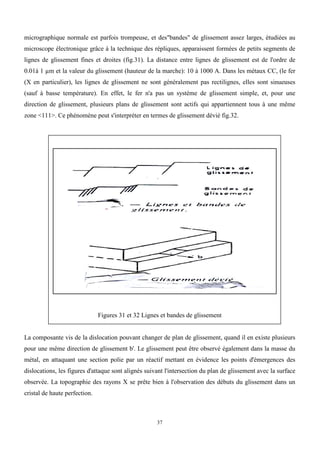 37
micrographique normale est parfois trompeuse, et des"bandes" de glissement assez larges, étudiées au
microscope électronique grâce à la technique des répliques, apparaissent formées de petits segments de
lignes de glissement fines et droites (fig.31). La distance entre lignes de glissement est de l'ordre de
0.01à 1 µm et la valeur du glissement (hauteur de la marche): 10 à 1000 A. Dans les métaux CC, (le fer
(X en particulier), les lignes de glissement ne sont généralement pas rectilignes, elles sont sinueuses
(sauf à basse température). En effet, le fer n'a pas un système de glissement simple, et, pour une
direction de glissement, plusieurs plans de glissement sont actifs qui appartiennent tous à une même
zone <111>. Ce phénomène peut s'interpréter en termes de glissement dévié fig.32.
Figures 31 et 32 Lignes et bandes de glissement
La composante vis de la dislocation pouvant changer de plan de glissement, quand il en existe plusieurs
pour une même direction de glissement b'. Le glissement peut être observé également dans la masse du
métal, en attaquant une section polie par un réactif mettant en évidence les points d'émergences des
dislocations, les figures d'attaque sont alignés suivant l'intersection du plan de glissement avec la surface
observée. La topographie des rayons X se prête bien à l'observation des débuts du glissement dans un
cristal de haute perfection.
 