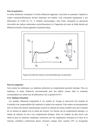46
Pour les polymères
La limite d'élasticité correspond à la limite d'élasticité apparente, c'est-à-dire la contrainte à laquelle la
courbe contrainte-déformation devient clairement non linéaire. Cela correspond typiquement à une
déformation de l'ordre de 1%. A l'échelle microscopique, cette limite correspond au glissement
irréversible des chaînes moléculaires (microfissuration) et à l'apparition de zones de faible densité qui
diffusent la lumière, faisant apparaître le polymère blanc.
Figure.41courbe de traction conventionnelle pour un polymère.
Pour les composites
Tout comme les céramiques, ces matériaux présentent un comportement purement élastique. Pour ces
matériaux, la limite d'élasticité conventionnelle peut être définie comme étant la contrainte
correspondant à un certain taux de déformation, fixé en général à 0.5%.
5.5.2. Modules d'élasticité
Les modules d'élasticité longitudinal E (ou module de Young) et transversal (G) (module de
Coulomb) et de compressibilité (K) traduisent la raideur d'un matériau. Cette raideur est principalement
liée à la nature des liaisons interatomiques assurant la cohésion du réseau cristallin ainsi qu'à la densité
de ces liaisons en rapport avec la nature des liaisons. Ces liaisons ont un comportement élastique. La
raideur du matériau est liée à son comportement élastique. Ainsi, les modules les plus élevés sont
observés pour les matériaux métalliques caractérisés par des empilements atomiques (à la base de la
structure cristalline) extrêmement denses (structure cubique faces centrées CFC ou hexagonale
 
