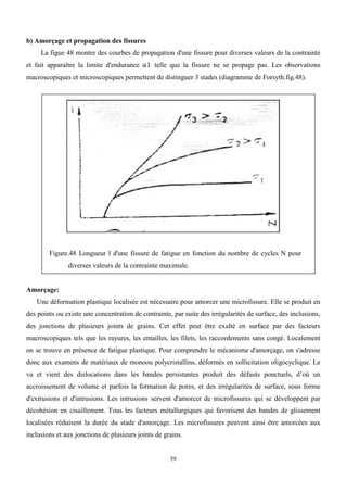 59
b) Amorçage et propagation des fissures
La figue 48 montre des courbes de propagation d'une fissure pour diverses valeurs de la contrainte
et fait apparaître la limite d'endurance a1 telle que la fissure ne se propage pas. Les observations
macroscopiques et microscopiques permettent de distinguer 3 stades (diagramme de Forsyth.fig.48).
Figure.48 Longueur l d'une fissure de fatigue en fonction du nombre de cycles N pour
diverses valeurs de la contrainte maximale.
Amorçage:
Une déformation plastique localisée est nécessaire pour amorcer une microfissure. Elle se produit en
des points ou existe une concentration de contrainte, par suite des irrégularités de surface, des inclusions,
des jonctions de plusieurs joints de grains. Cet effet peut être exalté en surface par des facteurs
macroscopiques tels que les rayures, les entailles, les filets, les raccordements sans congé. Localement
on se trouve en présence de fatigue plastique. Pour comprendre le mécanisme d'amorçage, on s'adresse
donc aux examens de matériaux de monoou polycristallins, déformés en sollicitation oligocyclique. Le
va et vient des dislocations dans les bandes persistantes produit des défauts ponctuels, d’où un
accroissement de volume et parfois la formation de pores, et des irrégularités de surface, sous forme
d'extrusions et d'intrusions. Les intrusions servent d'amorcer de microfissures qui se développent par
décohésion en cisaillement. Tous les facteurs métallurgiques qui favorisent des bandes de glissement
localisées réduisent la durée du stade d'amorçage. Les microfissures peuvent ainsi être amorcées aux
inclusions et aux jonctions de plusieurs joints de grains.
 