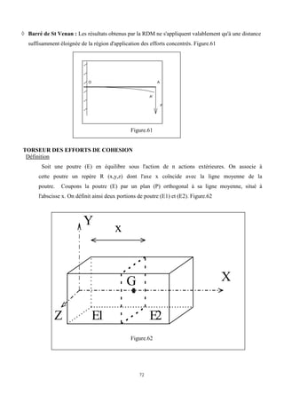 72
 Barré de St Venan : Les résultats obtenus par la RDM ne s'appliquent valablement qu'à une distance
suffisamment éloignée de la région d'application des efforts concentrés. Figure.61
Figure.61
TORSEUR DES EFFORTS DE COHESION
Définition
Soit une poutre (E) en équilibre sous l'action de n actions extérieures. On associe à
cette poutre un repère R (x,y,z) dont l'axe x coïncide avec la ligne moyenne de la
poutre. Coupons la poutre (E) par un plan (P) orthogonal à sa ligne moyenne, situé à
l'abscisse x. On définit ainsi deux portions de poutre (E1) et (E2). Figure.62
X
Y
Z
G
x
E1 E2
Figure.62
O A
A'
F
 