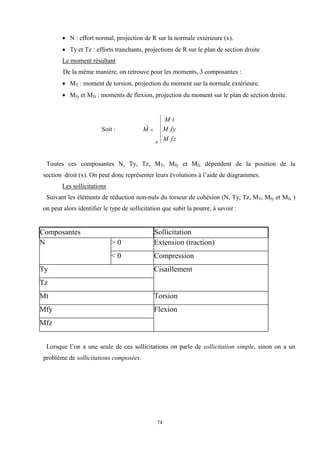 74
 N : effort normal, projection de R sur la normale extérieure (x).
 Ty et Tz : efforts tranchants, projections de R sur le plan de section droite
Le moment résultant
De la même manière, on retrouve pour les moments, 3 composantes :
 MT : moment de torsion, projection du moment sur la normale extérieure.
 Mfy et Mfz : moments de flexion, projection du moment sur le plan de section droite.
Soit :

M
M t
M fy
M fz
G
R
Toutes ces composantes N, Ty, Tz, MT, Mfy et Mfz dépendent de la position de la
section droit (x). On peut donc représenter leurs évolutions à l’aide de diagrammes.
Les sollicitations
Suivant les éléments de réduction non-nuls du torseur de cohésion (N, Ty, Tz, MT, Mfy et Mfz )
on peut alors identifier le type de sollicitation que subit la poutre, à savoir :
Composantes Sollicitation
N > 0 Extension (traction)
< 0 Compression
Ty Cisaillement
Tz
Mt Torsion
Mfy Flexion
Mfz
Lorsque l’on a une seule de ces sollicitations on parle de sollicitation simple, sinon on a un
problème de sollicitations composées.
 